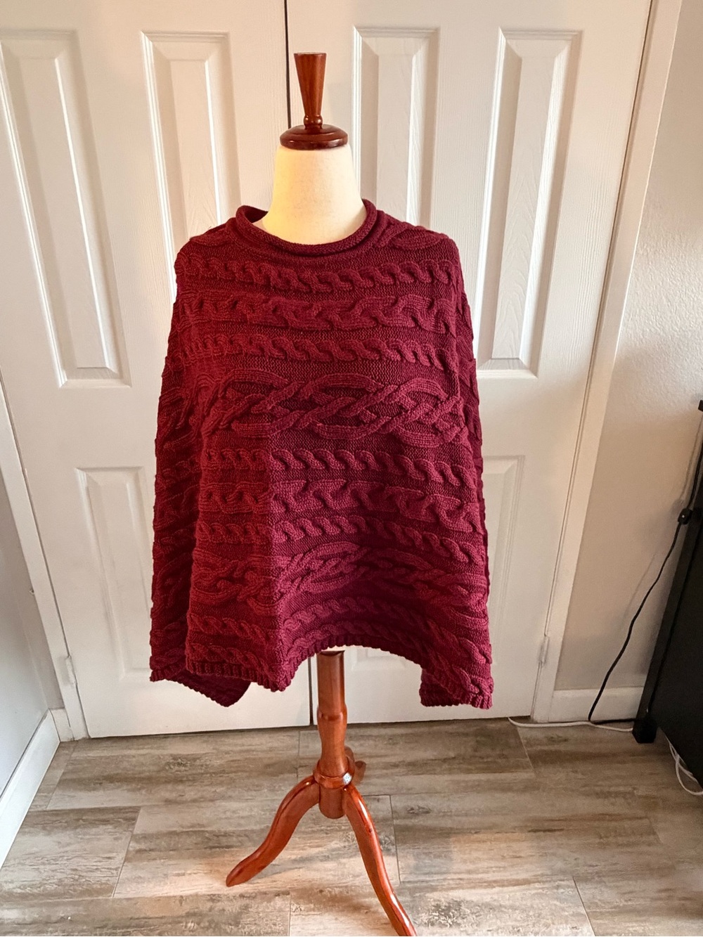 Women's Wool Knit Poncho Sweater - Burgundy